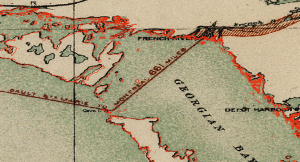 A close up view of the great lakes map, zoomed in to the top half of Georgian Bay. A slight mismatch is visible between the red Ontario boundary and the location of the lakes shown on the map.