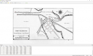 QGIS's georeferencer, containing a historical map of Port Dalhousie during the time of the second Welland Canal. Ground control points have been placed at the corner of street intersections as well as at the edges of some major harbour infrastructure.
