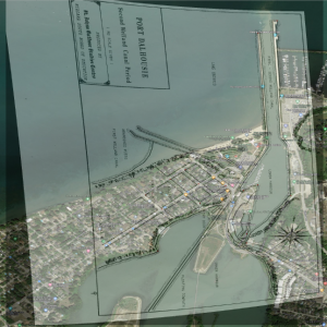 The map of Port Dalhousie, made transparent and overlain on modern satellite imagery. It has been warped to match the modern shorline and road locations, though some areas are still slightly misaligned.