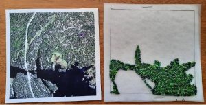 Two square tiles, one showing a satellite image of a body of water surrounded by forest and wetland. The area of water on the first tile has been beaded onto the second tile using green seed beads.