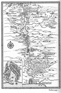 An map of a river winding through a series of mountains, hills and marshes. It appears to be handdrawn using black lines on a white background.