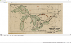 The QGIS georeferencer, showing an overview of a historical map of the great lakes and some railways around them. The map is titled "Principal Railways and Water Routes from the Great Lakes to Montreal".