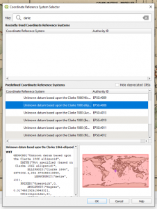 QGIS's coordinate reference system selector. The search bar contains the word "Clarke" and a coordinate system labelled "EPSG:4008" has been highlighted.