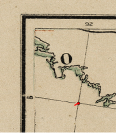 A corner of the map of the great lakes, showing the intersection of two grid lines with a red dot placed on top. The vertical line is labelled "92" and the horizontal line is lablled 48.