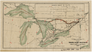 The map of the great lakes, with red dots placed at every other intersection of the grid. There are red lines of varying lengths and directions extending from the dots.