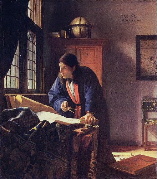 Digital replica of 'The Geographer', an oil on canvas painting by Dutch artist, Johannes Vermeer, c.1668-69. Painting shows a white man with long brown hair, wearing a blue and red robe. He is bent over a table scattered with maps and charts and is looking pensively out a window while holding a divider (distance measuring tool). A globe stands on a cabinet in the background.