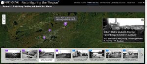Screenshot of a GIS storymap that shows numbered pinpoints on a satellite map of the Sudbury area. Each number corresponds with an archival photograph at the bottom of the screen, taken in or near the specified location during Platt's research. In this image, pinpoint #3 is selected to show a black-and-white photograph titled 'Robert Platt's Students Touring Falconbridge Smelter in Sudbury', with several students standing outside the smelter facility.