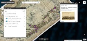 Screenshot of digital storymap interface, with a historic survey map of Bermuda layered over satellite imagery. Purple pinpoints on the map pop up to reveal watercolour paintings created from that spot in the 1830s. A white box titled 'Layer List' is shown on the left, with two of five layers selected.