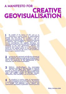 Poster titled 'A Manifesto for Creative Geovisualisation' written in purple block letters. The poster lists four best practices, which are summarized in the paragraph that follows this image.