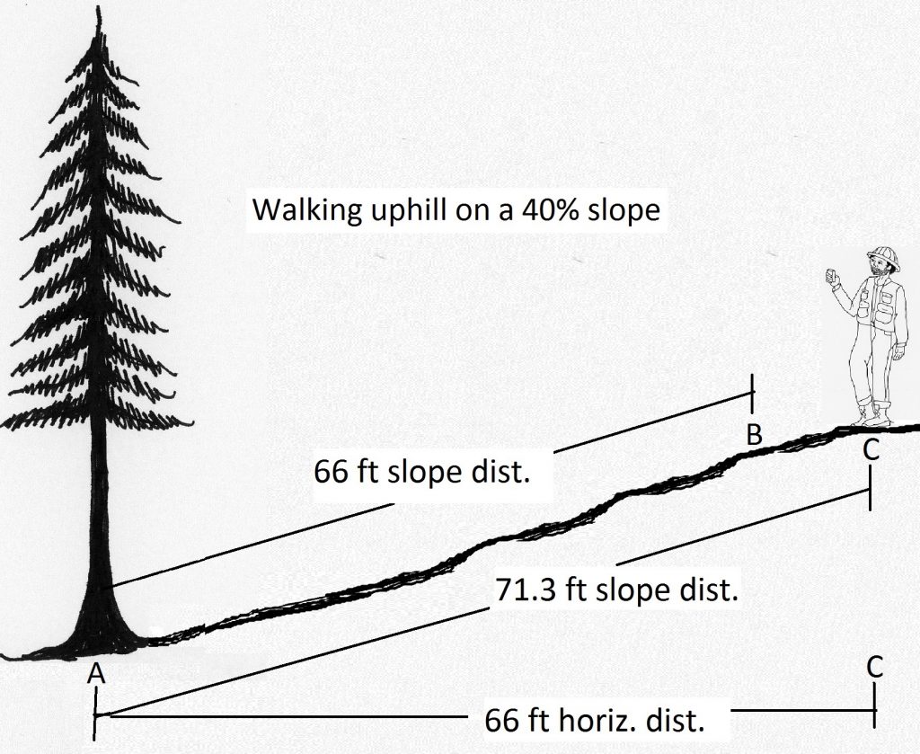 a slope distance of 66 feet is closer to the tree than 66 horizontal distance if on a steep slope
