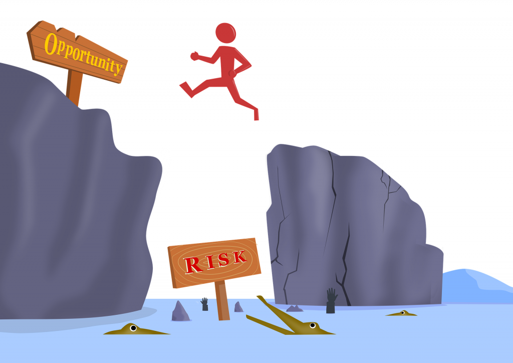 Person jumping over a waterbody with crocodiles in it and a sign labelled "Risk", jumping towards a cliff with a sign labelled "Opportunity"