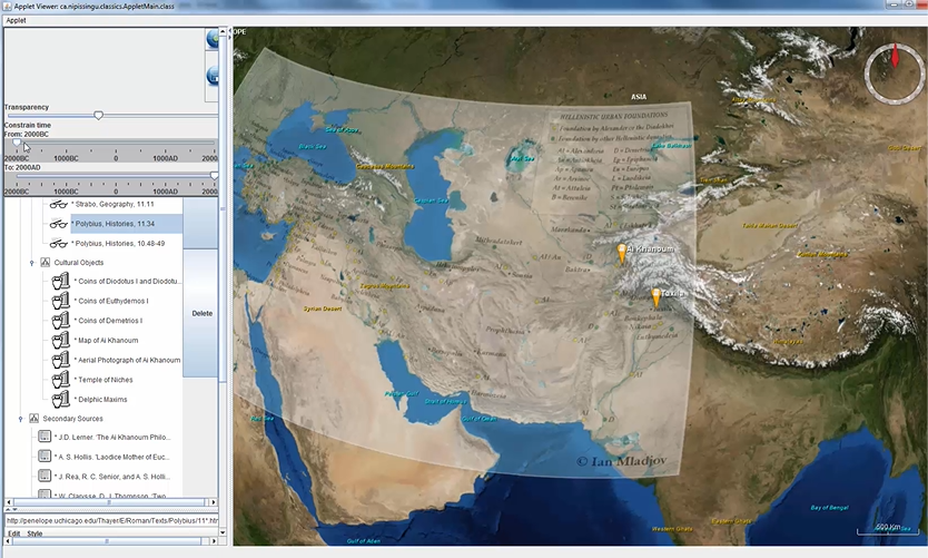 This image shows another web-based interface for a 3D geographic information system, displayed in a browser window.  The left third of the window is a panel consisting of selection items at the top, and a detailed description of the user’s selection, “Polybius, Histories, 11.34”, at the bottom of the panel.  The left two-thirds of the window shows a detailed relief map of the ancient Seleucid Empire in Central Asia.  A political map showing cities of the ancient Seleucid Empire is superimposed as a translucent layer atop the 3D relief map.  A compass pointing north is shown in the upper right corner of the window.