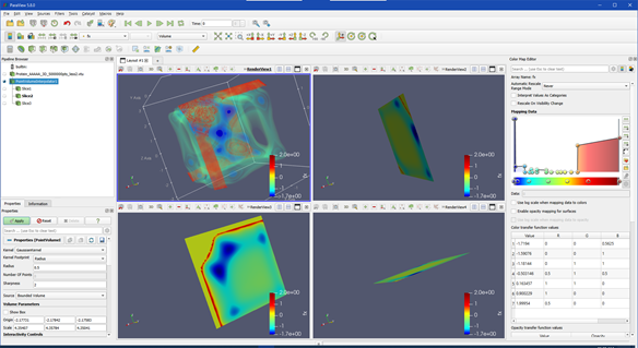 These plots show scientific visualization dashboards for displaying a high-dimensional function in 3D. The figures show a “busy” user interface that has many buttons, text boxes, drop-down menus, and other controls and options. The 3D volumes are coloured according to function values. The volumes are translucent to make viewing easier. In the top two figures, the user displays different 2D slices from the 3D volume. In the bottom two figures, the 3D volume is shown as translucent, and is positioned into various orientations. The right panel of the user interface allows the user to choose ranges of function values in the 3D volume to display.