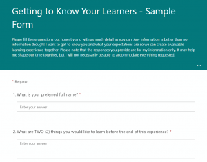 Screenshot of a "Getting to Know Your Learners Sample Form" on Microsoft Forms. Includes intro instructions for learners and two questions: "What is your preferred full name?" and "What are two things you would like to learn before the end of this experience?"
