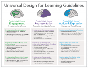 Three columns with each UDL principle and its associated brain networks. Column 1 represents multiple means of engagement, targeting the affective networks and the "why" of learning. Column 2 represents multiple means of representation, targeting the recognition networks and the "what" of learning. Column 3 represents multiple means of Action and Expression, targeting the strategic networks and the "how" of learning.