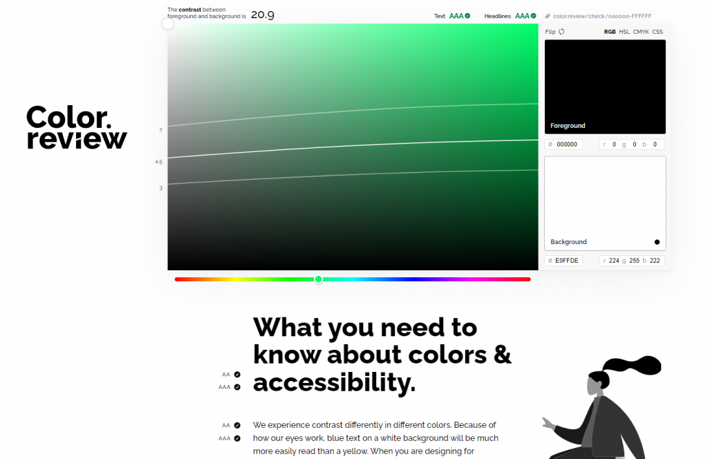 Screen capture image using the color.review website to show an example of strong color contrast.