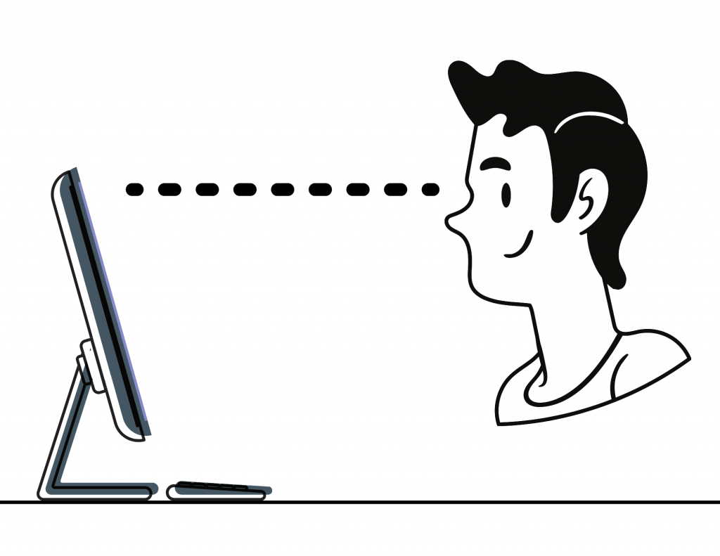 Drawing of a side profile of a man looking at a desktop computer, with his eyes in line with the built in camera