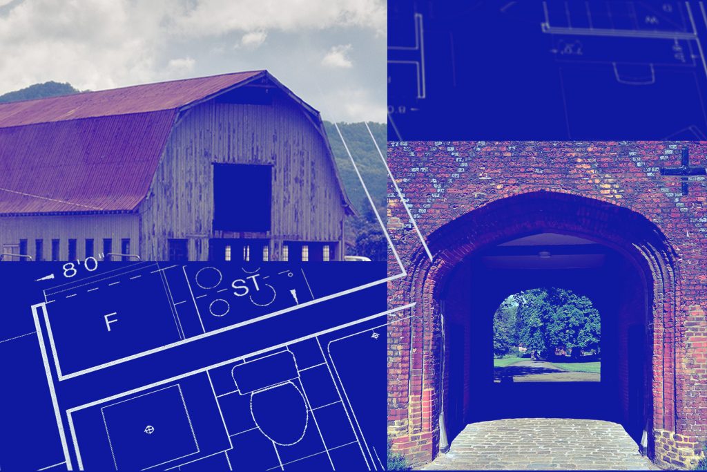 Collage of blueprints, a gambrel barn roof, and a Tudor arch.