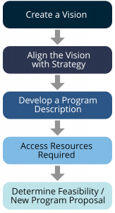 Graphic showing a linear process of: create a vision, align the vision with strategy, develop a program description, access resources required, and determine feasibility/new program proposal.