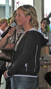 German skater Claudia Pechstein speaks in an interview at the EuroSpeedway Lausitz in 2004.