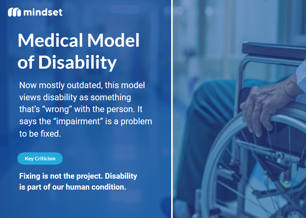 Figure 21.1 This figure demonstrates the Medical Model of Disability. The main image is a blue background with white text which reads “Medical Model of Disability Now outdated, this model views disability as something that’s “wrong” with the person. It says the “impairment” is a problem to be fixed. Key Criticism Fixing is not the project. Disability is part of our human condition.” To the right is an image of a hand on a wheel of a wheelchair, the image is tinted blue.