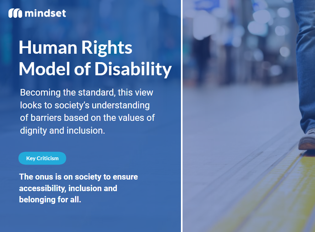 Figure 21.3 This figure demonstrates the Human Rights Model of Disability. The main image is a blue background with white text which reads “Human Rights Model of Disability Becoming more standard, this view looks to society’s understanding of barriers based on the values of dignity and inclusion. Key Criticism The onus is on society to ensure accessibility, inclusion and belonging for all.” To the right is an image of a leg standing on a yellow line; wearing blue jeans and sneakers, the image is tinted blue.