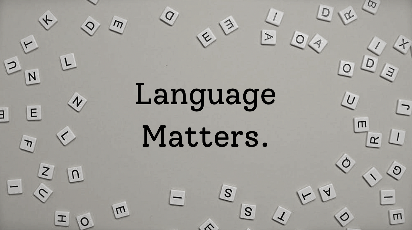 The text, "Language matters" surrounded by square alphabet letters arranged around it.