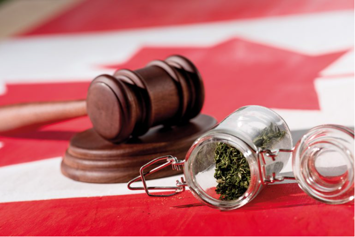 photo of judge's gavel and a spice bottle with marijuana on top of a Canadian flag