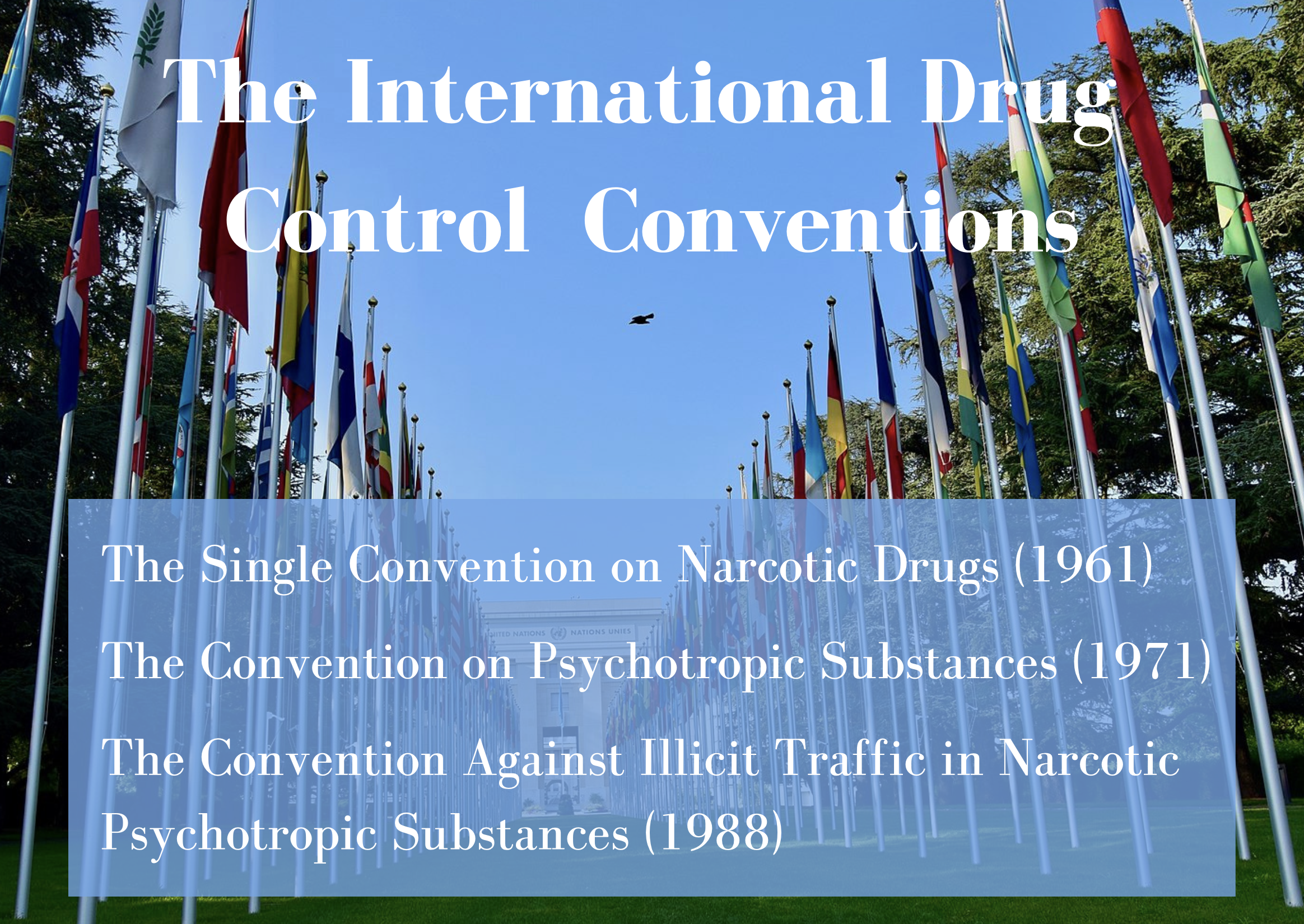 Screenshot of slide with photo of a grass path between two rows of flags atop flag posts leading to a building. The text superimposed on the photo reads, "International Drug Control Conventions" and lists 3 conventions.