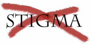 The word stigma in all caps crossed out in red