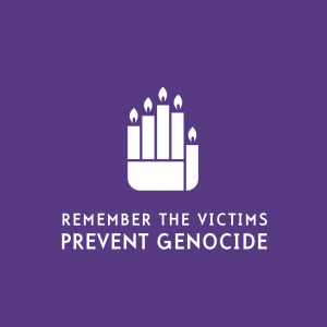 Emblem with 5 candles in place of fingers on a left hand. Text underneath says remember the victims prevent genocide.