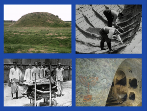 photo collage of large barrows/burial mounds built by Anglo-Saxons, Hindu pyre of logs, and underground tombs