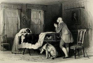 Drawing of a woman resting her head on her arms at one end of coffin. A man wearing a white wig prays at the other end of coffin. A spotted hunting dog lowers its head beside the man who is praying.