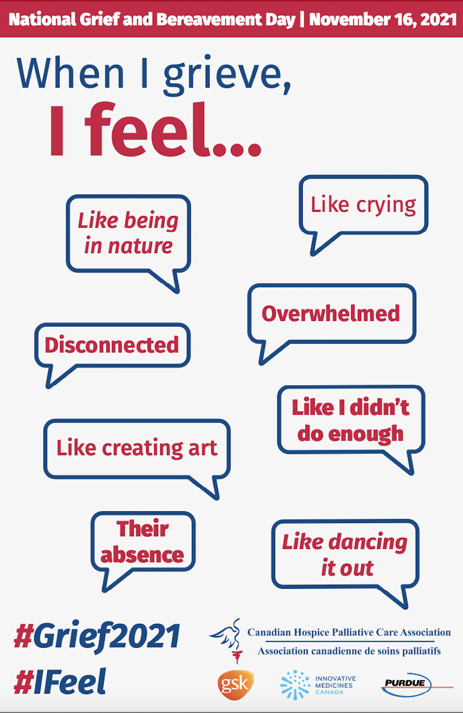 Poster with speech bubbles expressing feelings of grief.