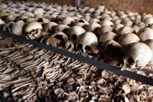 Human skulls and bones of those who were killed in the Rwandan genocide. Most of them were clubbed, hacked, stabbed or shot to death.