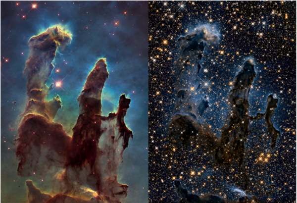 Figure 22.5 Photograph of a nebula. The Pillars of Creation within the Eagle Nebula viewed in visible light (left) and near infrared light (right). Near infrared light captures heat from stars, and allows us to view stars that would otherwise be hidden by dust. This is why the picture on the right appears to have more stars than the picture on the left. [NASA, ESA, and the Hubble Heritage Team (STScI/AURA) http://bit.ly/1Dm2X5a]