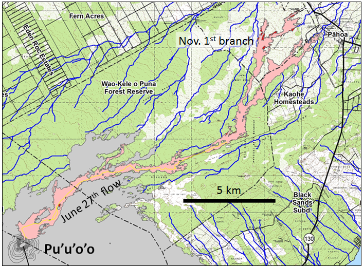 The U.S. Geological Survey Hawaii Volcano Observatory (HVO) map shown here, dated January 29, 2015, shows the outline of lava that started flowing northeast from Pu’u ’O’o on June 27, 2004 (the “June 27th Lava flow,” a.k.a. the “East Rift Lava Flow”). The flow reached the nearest settlement, Pahoa, on October 29, after covering a distance of 20 km in 124 days. After damaging some infrastructure west of Pahoa, the flow stopped advancing. A new outbreak occurred November 1, branching out to the north from the main flow about 6 km southwest of Pahoa.