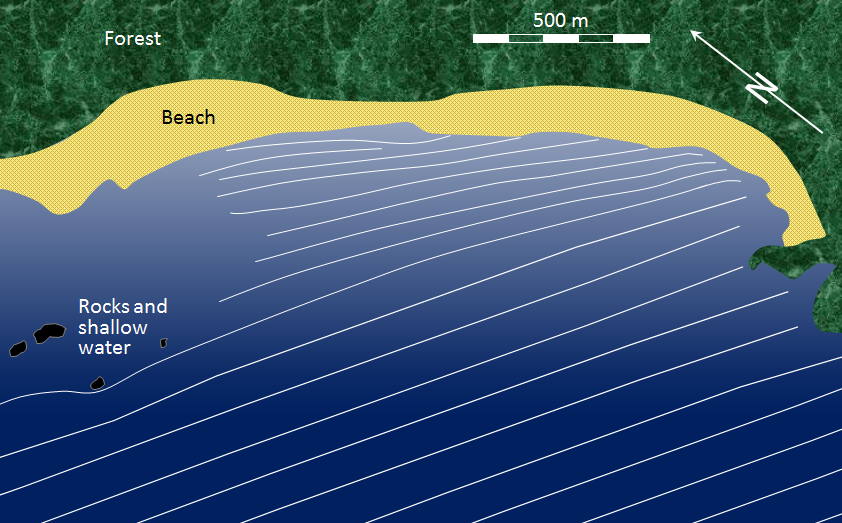 Figure 17.6 Waves approaching the shore of Long Beach in Pacific Rim National Park. As the waves (depicted by white lines) approach shore, they are refracted to become more parallel to the beach, and their wavelength decreases. [SE]