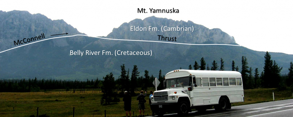 Figure 21.18 The McConnell Thrust at Mt. Yamnuska near Exshaw, Alberta. Carbonate rocks of Cambrian age have been thrust over top of Cretaceous mudstone. [SE]