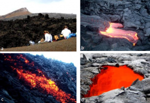 Figure 4.19 Images of Kilauea volcano taken in 2002 (b & c) and 2007 (a & d) [SE photos] (a) Pu'u'O'o cinder cone in the background with tephra in the foreground and aa lava in the middle, (b) Formation of pahoehoe on the southern edge of Kilauea, (c) Formation of aa on a steep slope on Kilauea, (d) Skylight in an active lava tube, Kilauea.