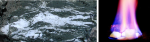 Figure 18.11 Left: Methane hydrate within muddy sea-floor sediment from an area offshore from Oregon. [https://upload.wikimedia.org/wikipedia/commons/4/49/Gashydrat_im_Sediment.JPG] Right: Methane hydrate on fire [http://www.usgs.gov/blogs/features/files/2012/01/New-Image.jpg]