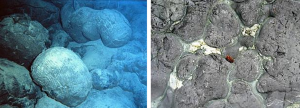 Figure 4.21 Modern and ancient sea-floor pillow basalts (left) Modern sea-floor pillows in the south Pacific [NOAA, from http://en.wikipedia.org/wiki/ Basalt#mediaviewer/File:Pillow_basalt_crop_l.jpg] (right) Eroded 40 to 50 Ma pillows on the shore of Vancouver Island, near to Sooke. The pillows are 30 to 40 cm in diameter. [SE]