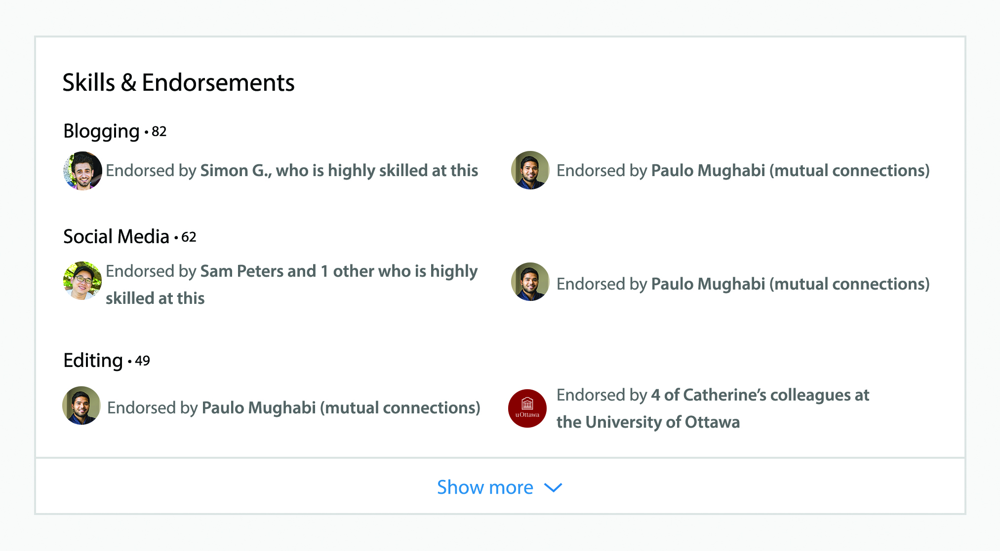 skills and endorsements section of a linkedin profile with examples of endorsements