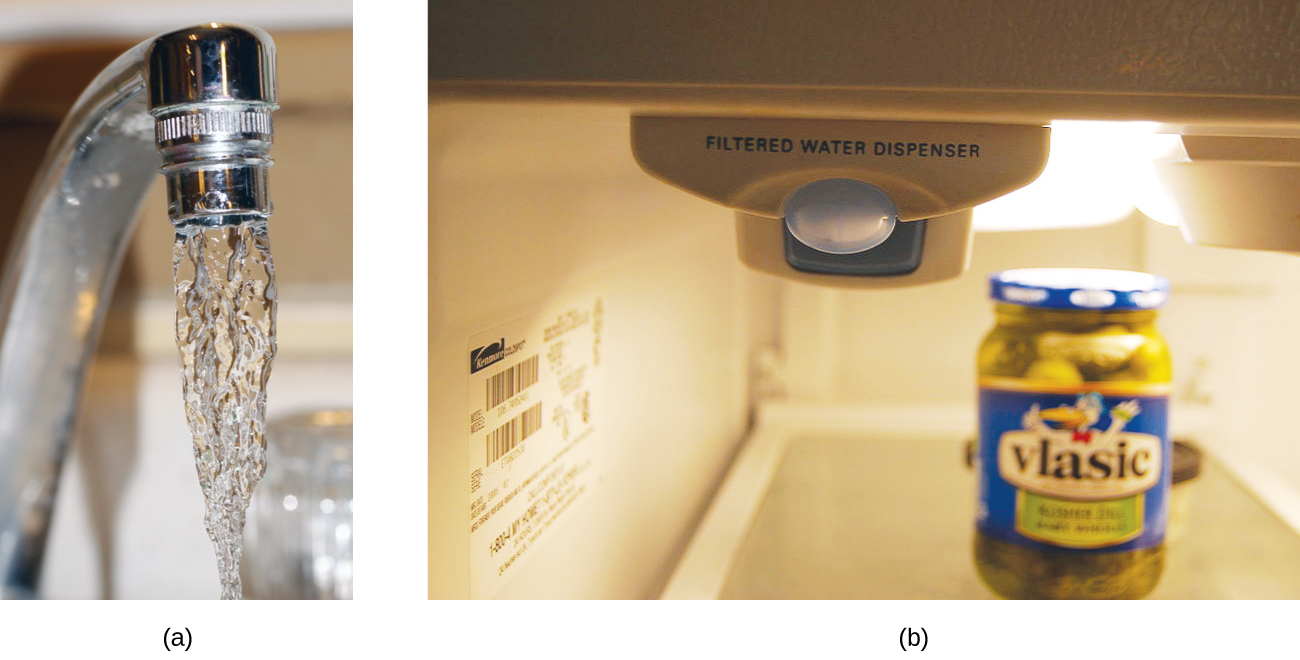 Two pictures are shown labeled a and b. Picture a is a close-up shot of water coming out of a faucet. Picture b shows a machine with the words, “Filtered Water Dispenser.” This machine appears to be inside a refrigerator.