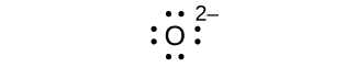 A Lewis dot diagram shows the symbol for oxygen, O, surrounded by eight dots and a superscripted two negative sign.