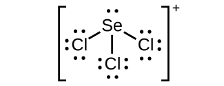 A Lewis structure shows a selenium atom with one lone pair of electrons single bonded to three chlorine atoms each with three lone pairs of electrons. The whole structure is surrounded by brackets.