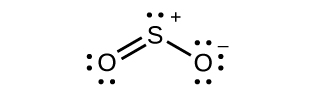 A Lewis structure is shown in which a sulfur atom with two lone pairs of electrons and a positive sign is double bonded to an oxygen with two lone pairs of electrons. The sulfur atom is also single bonded to an oxygen with three lone pairs of electrons with a negative sign. It is drawn in an angular shape.