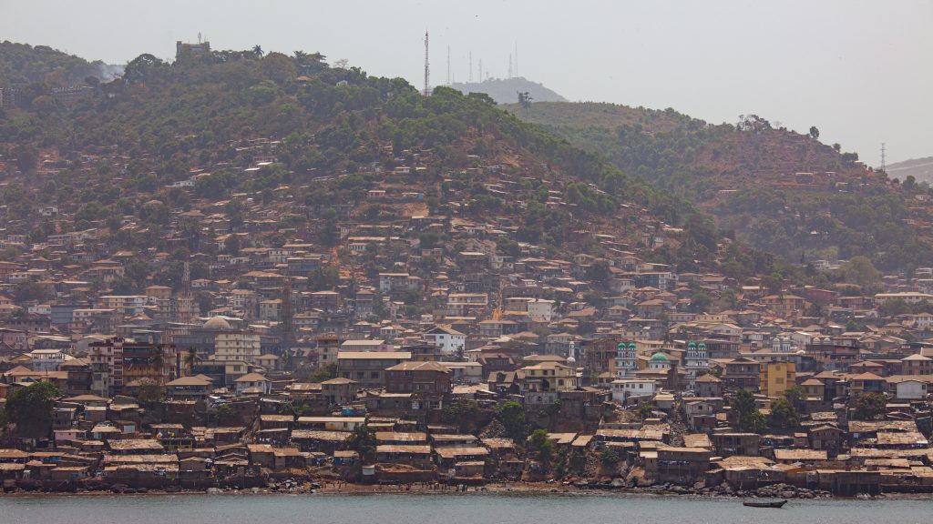 A view from the ocean of the slums of Freeport, Sierra Leone.
