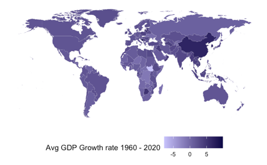 World map of cross-country differences in average real GDP per capita growth rate