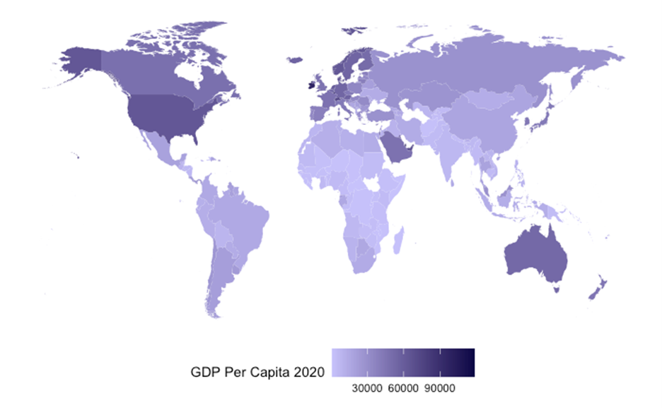 World map of Cross-country differences in real GDP per capita